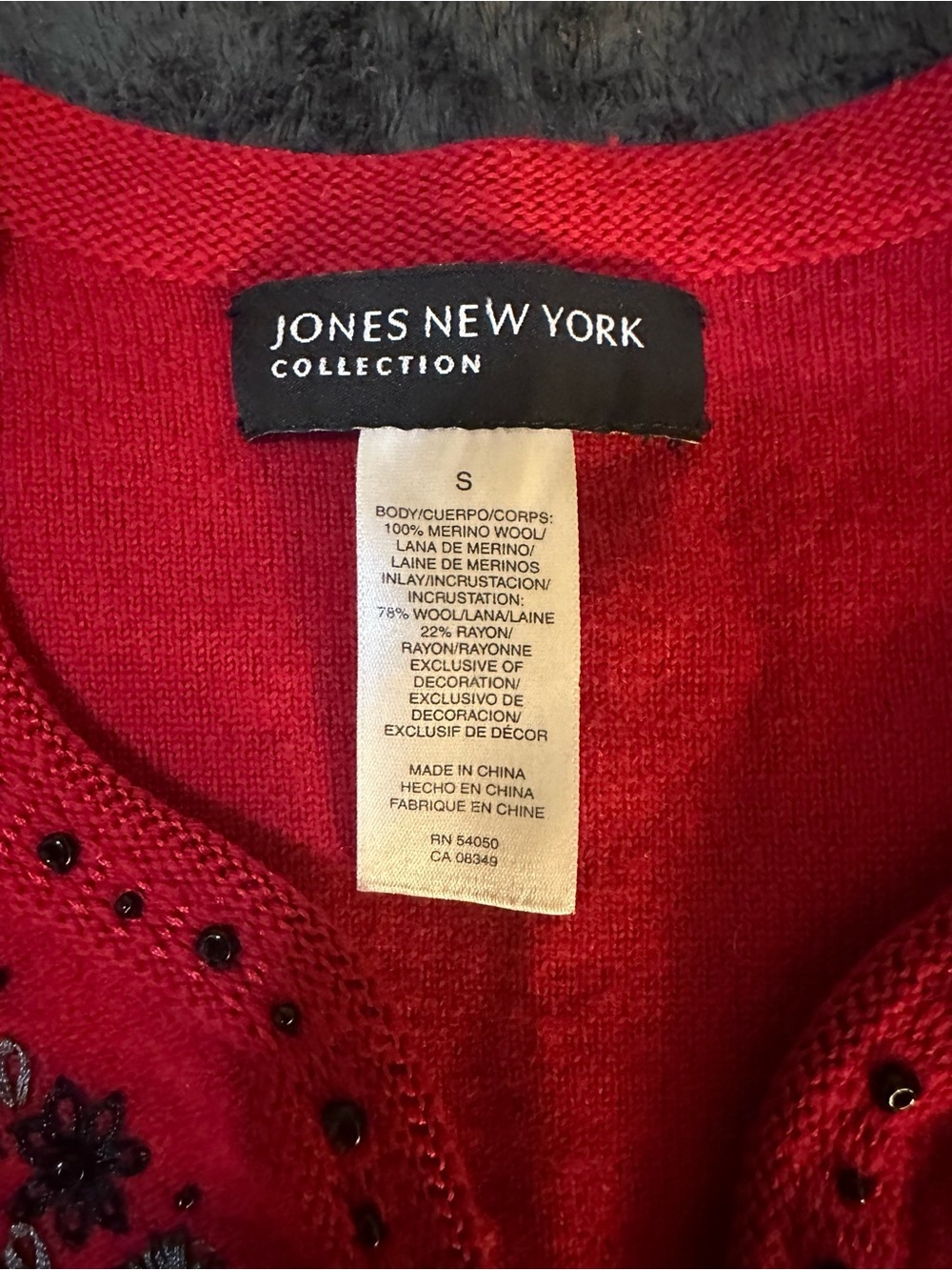 Jones New York Merino Wool Red Beaded Embroidered Cardigan Sweater Size S Excell - Picture 3 of 3